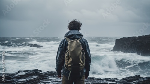 A person stands on a rocky shore, observing the powerful ocean waves before them