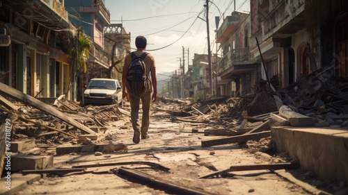 A man walks through the debris of a devastated street, a scene of destruction around him