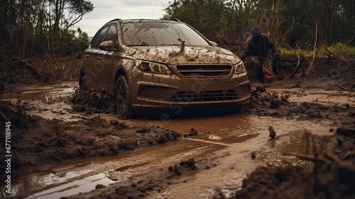 A car is stuck deep in mud as a person attempts to dig it out on a rural road