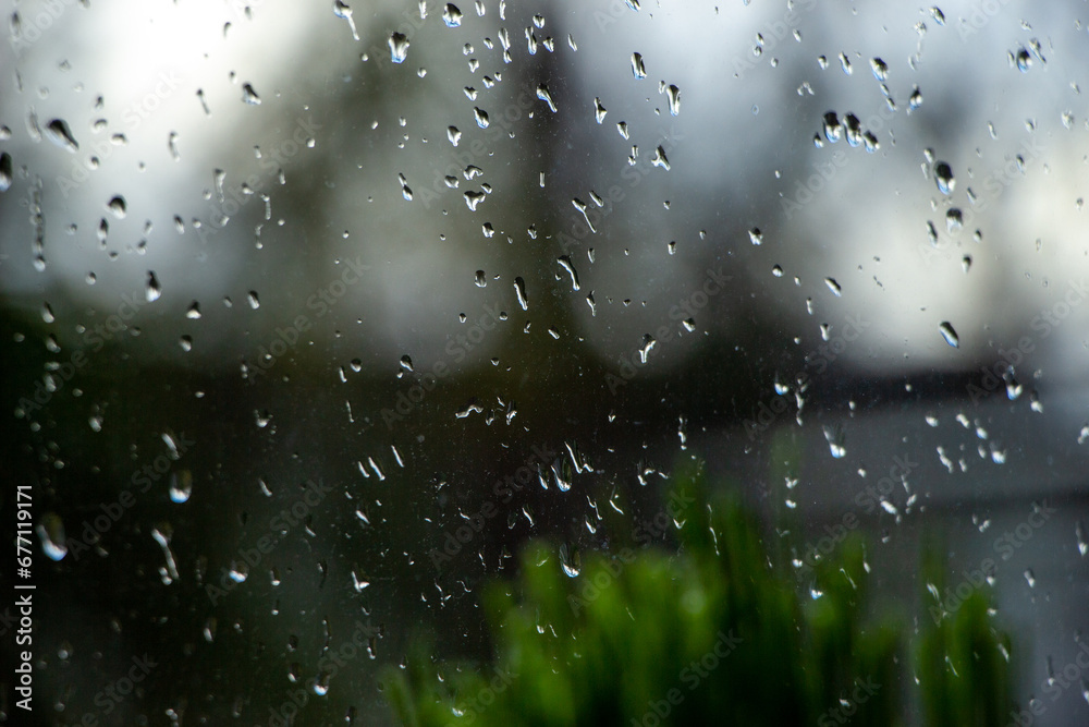 Autumn rain drops on window