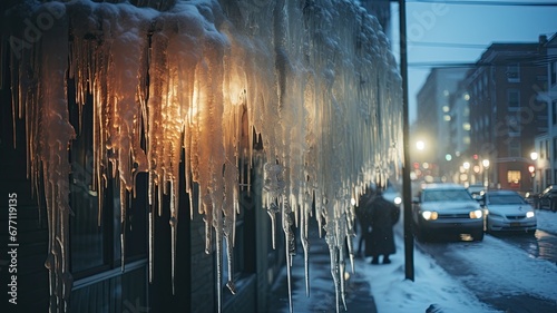 Icicles illuminated by warm light hang from a building's edge at dusk