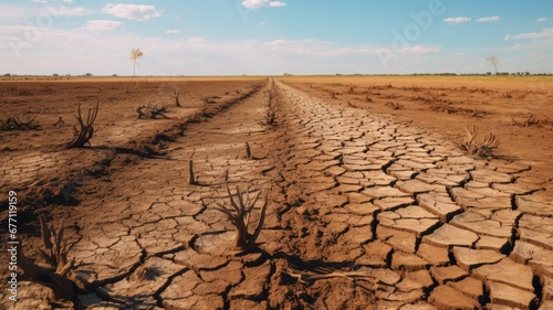 A parched earth with deep cracks and withered trees under a clear sky