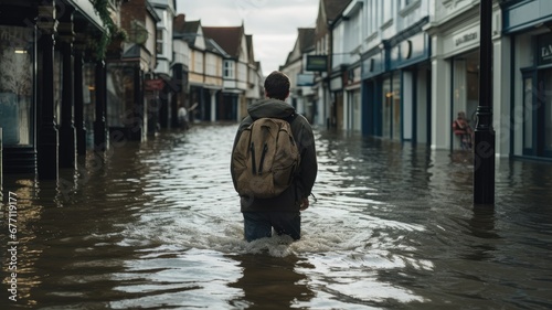 Individual wading through a flooded urban street with submerged shops