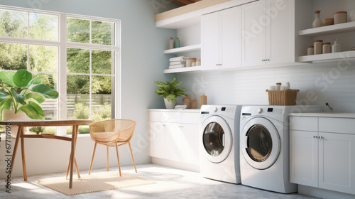 a spacious laundry room with white cabinets and stainless steel appliances and a large window providing a view of the backyard © Textures & Patterns