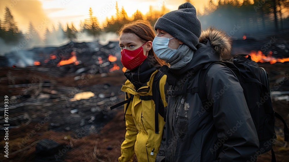 Two people wearing protective masks observing a forest fire
