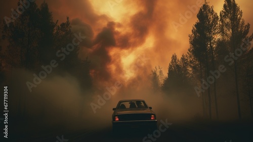 A car and its passengers are shrouded in smoke as they drive away from a devastating forest fire under a fiery sky