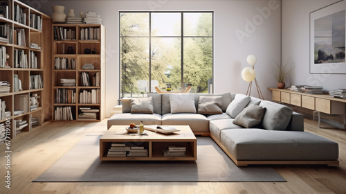 a spacious living room featuring a grey couch and a wooden coffee table and several white bookshelves filled with books and various knick-knacks © Textures & Patterns