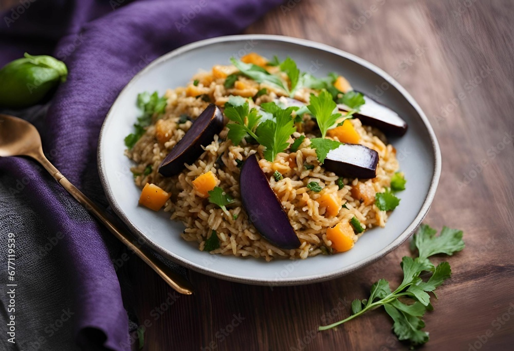 a plate with rice, eggplant, and greens