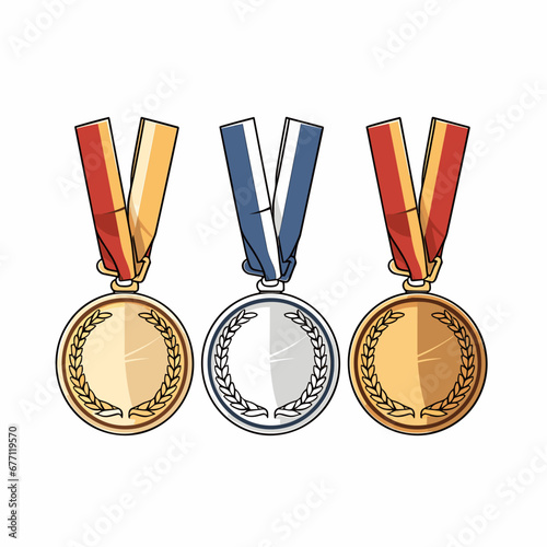 Golden silver bronze madal hand-drawn comic illustration. Medals. Vector doodle style cartoon illustration