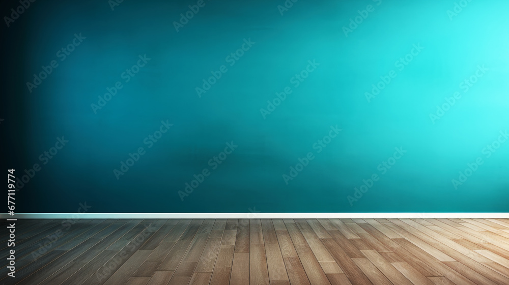 Blue turquoise room with empty wall and wooden floor with glare from the window. Interior background for presentation.