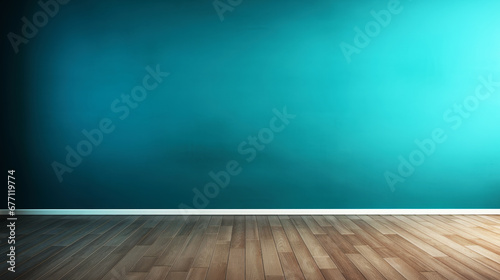 Blue turquoise room with empty wall and wooden floor with glare from the window. Interior background for presentation.