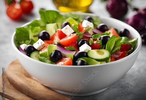 a bowl with salad and vegetables on top of a table