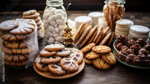 Various cookies and sweets on a wooden table.