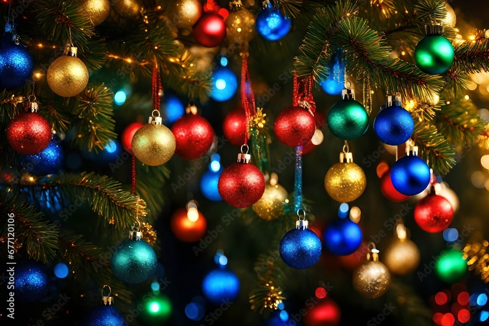 Beautiful christmas tree close-up shine red blue yellow and green xmas ligts