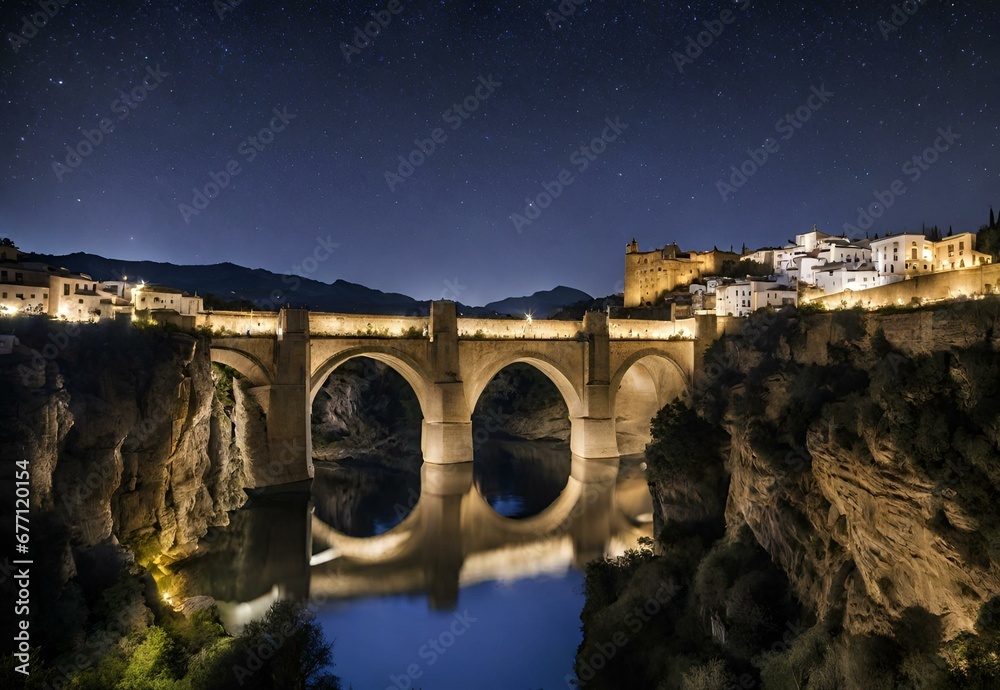 Enchanted Evening: Spain's Ronda Bridge under Starlight.