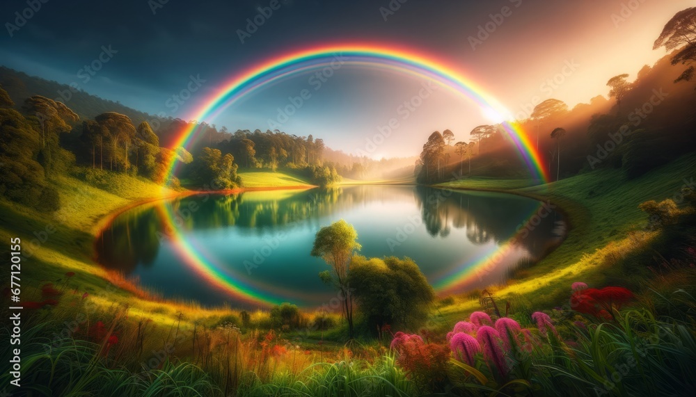 Tranquil lake with a full arching rainbow reflecting in the water against a sunset sky. Generative AI Tranquil lake with a full arching rainbow reflecting in the water against a sunset sky. Generative AI