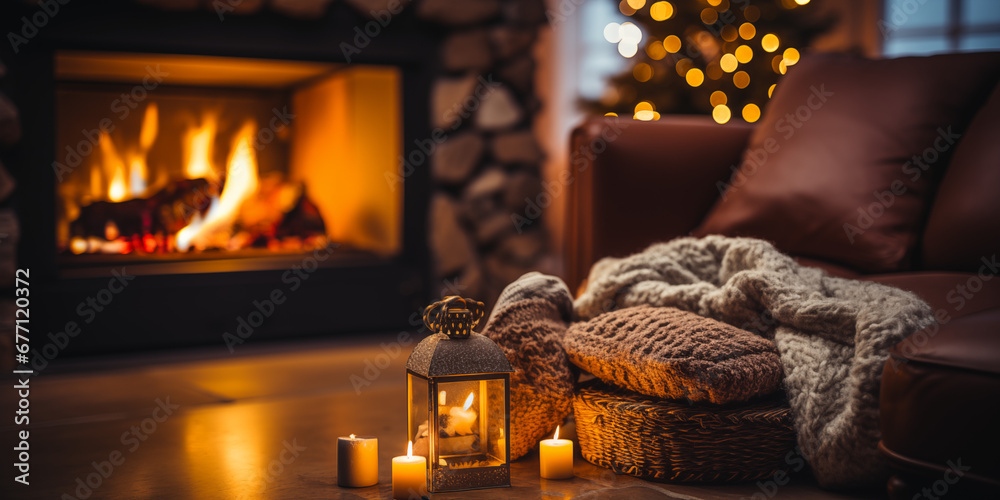 Schönes Zuhause am Weihnachten am Kamin mit Kerzen und Dekoration im Querformat als Banner, ai generativ - obrazy, fototapety, plakaty 