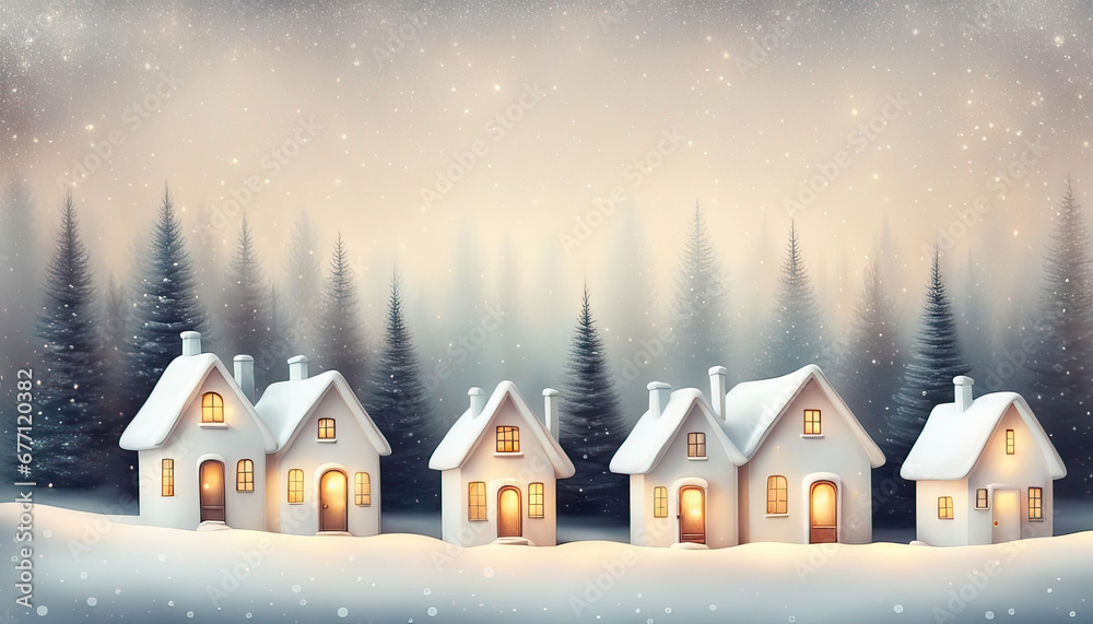 Beautiful small winter vilage with forest and copy space digital art
