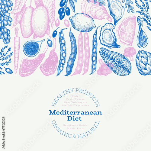 Mediterranean Cuisine Design Template. Vector Hand Drawn Healthy Food Banner. Vintage Style Menu Illustration.