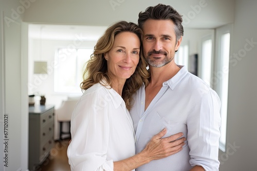 A mature, loving couple in their 40s to 50s sharing romantic moments in their cozy home. photo
