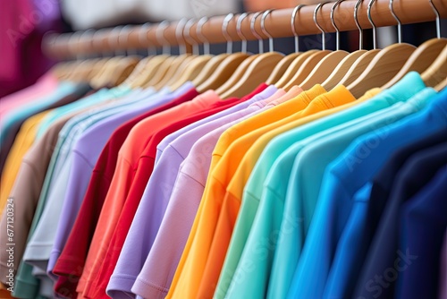 A vibrant assortment of fashionable T-shirts in a clothing store boutique offering a wide selection.