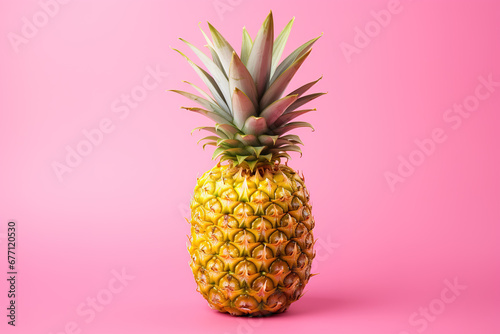 Gold Pineapple on a pink background, top view, copy space. Summer background concept.Pink Pineapple Paradise