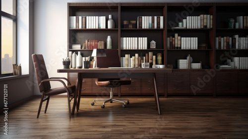 a spacious office with white walls and dark brown hardwood floors A large mahogany desk is in the center of the room and two brown leather chairs are in front of it