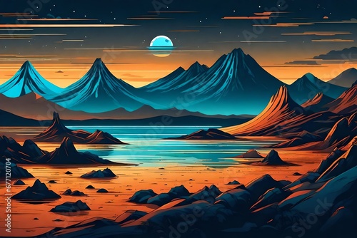 Sea or ocean desert, uninhabited island shore night landscape with active, ready for eruption volcano, mountain top fiery glowing in darkness cartoon vector illustration. Tectonic or volcanic activity photo