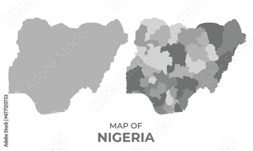 Greyscale vector map of Nigeria with regions and simple flat illustration
