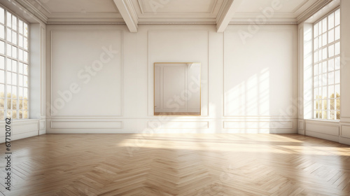 A spacious room with a dark hardwood floor and white walls photo