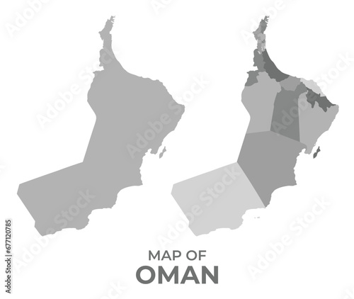 Greyscale vector map of Oman with regions and simple flat illustration