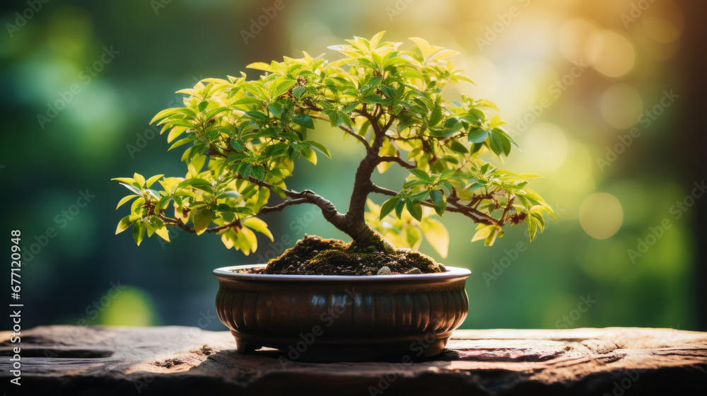 Small bonsai tree in a dark pot on green natural background with sun shine. Generative AI Small bonsai tree in a dark pot on green natural background with sun shine. Generative AI
