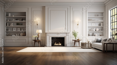 a spacious room with a dark hardwood floor and white walls and a corner fireplace