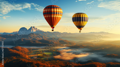 Colourful hot air balloons flying over the mountain in the haze at dawn. Travel concept. Generative AI © AngrySun