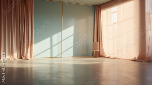 a spacious room with light brown walls and a white tiled floor A single window with light blue curtains is visible in the corner