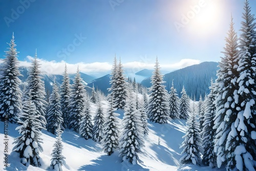 winter wonderland -Christmas background with snowy fir trees in the mountains