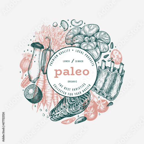 Paleo Diet Design Template. Vector Hand Drawn Healthy Food Banner. Vintage Style Menu Illustration.