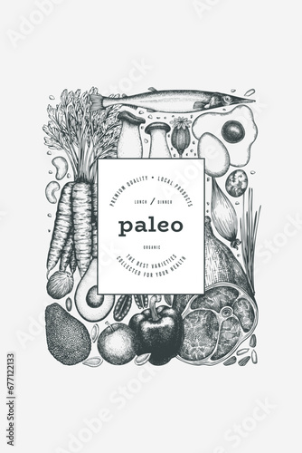 Paleo Diet Design Template. Vector Hand Drawn Healthy Food Banner. Vintage Style Menu Illustration.