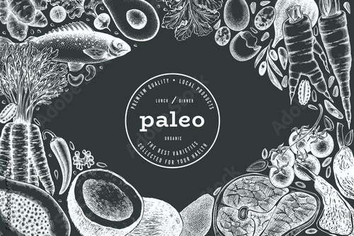 Paleo Diet Chalk Board Design Template. Vector Hand Drawn Healthy Food Banner. Vintage Style Menu Illustration. photo