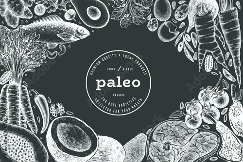 Paleo Diet Chalk Board Design Template. Vector Hand Drawn Healthy Food Banner. Vintage Style Menu Illustration.