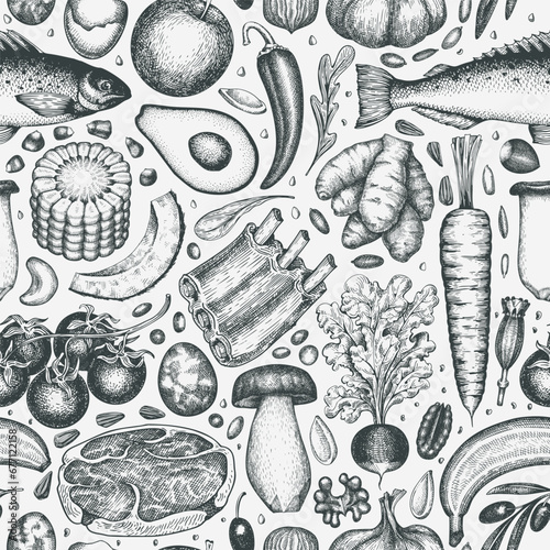 Paleo Diet  Seamless Pattern. Vector Hand Drawn Healthy Food Background. Vintage Style Menu Illustration. photo