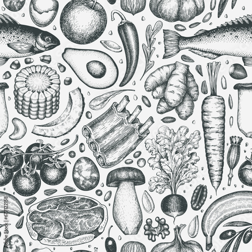 Paleo Diet  Seamless Pattern. Vector Hand Drawn Healthy Food Background. Vintage Style Menu Illustration.