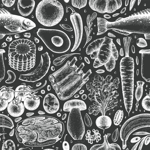 Paleo Diet Chalk Board Seamless Pattern. Vector Hand Drawn Healthy Food Background. Vintage Style Menu Illustration.