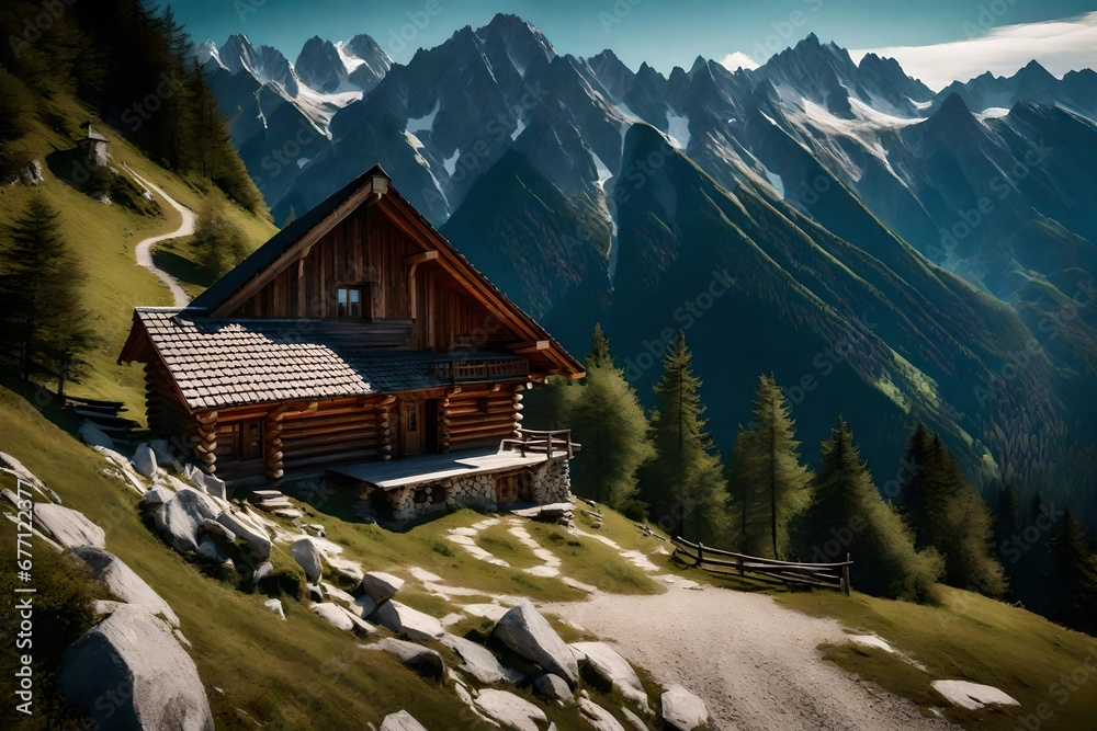 Mountain cabin, hut in European Alps, located in Robanov kot, Slovenia, popular hiking and climbing place with picturescue view