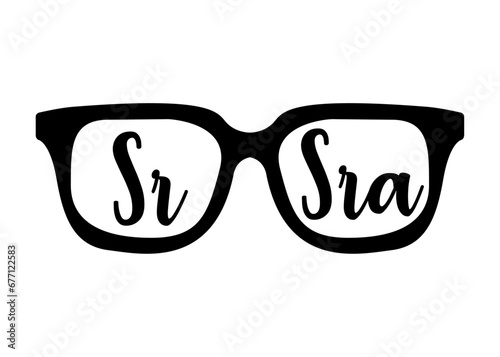 Logo con silueta de gafas de sol con letras palabra Sr and Sra en español en texto manuscrito para su uso en invitaciones y tarjetas