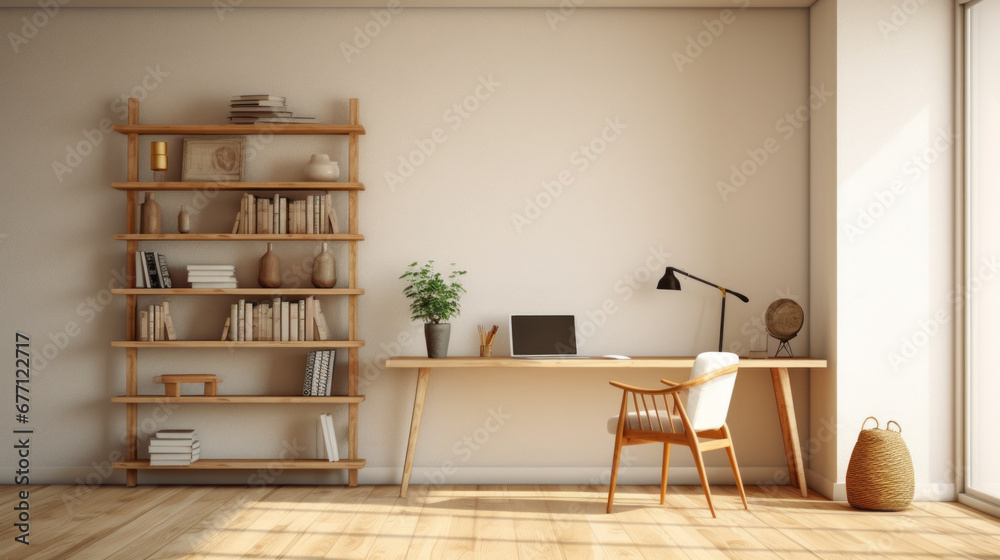 Fototapeta premium a study with a beige wall and a wooden floor and a wooden desk and a chair and a bookshelf and a window