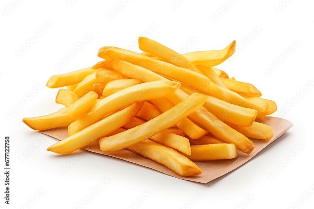 Heap of Crispy Golden French Fries perfect for use in advertising of fast food at its finest. Isolated on White Background Heap of Crispy Golden French Fries perfect for use in advertising of fast food at its finest. Isolated on White Background