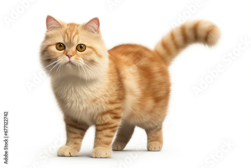 Adorable Munchkin Tabby Cat with Yellow Eyeson White Background.  Isolated