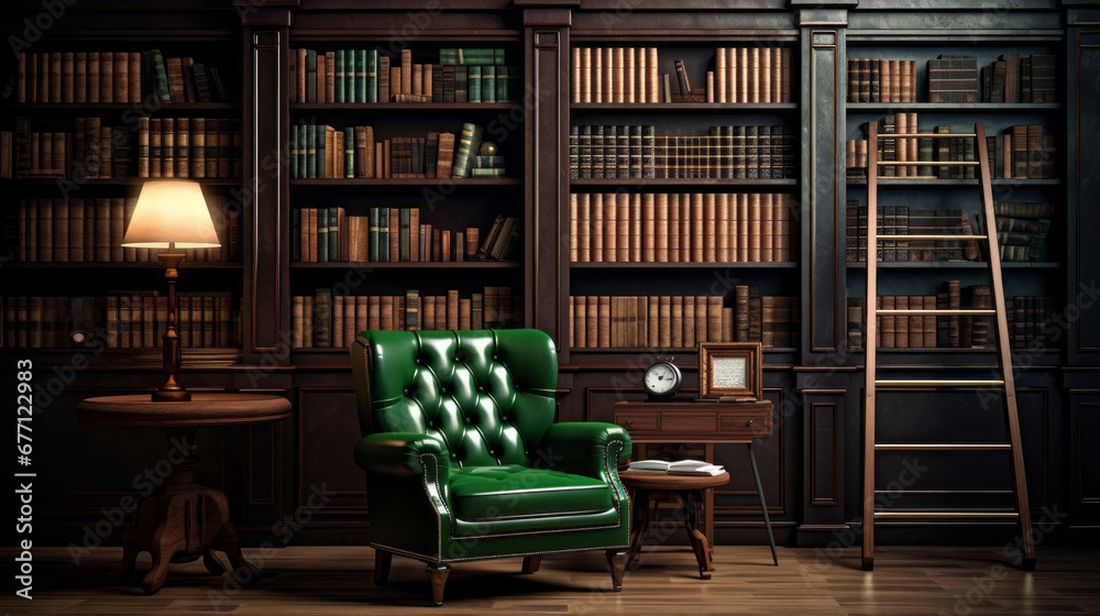 a study with a dark wood desk and shelves filled with books and a green armchair a study with a dark wood desk and shelves filled with books and a green armchair