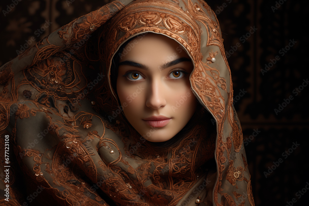 Portrait of a young Asian muslim woman enshrouded in a beautifully ornate silk headkerchief.